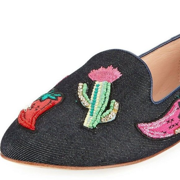 KATE SPADE SAVILLE GREY DENIM & LEATHER EMBELLISHED LOAFER FLAT SHOES 7.5 NEW - Picture 4 of 7